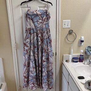 NICHOLAS Floral Maxi Dress in Blue and Red with spaghetti straps.